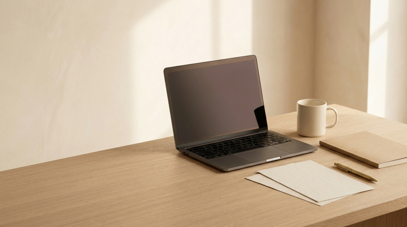 A laptop with a dark, switched-off screen on a warm oak studio desk in soft morning light, beside a plain ceramic mug and blank paper